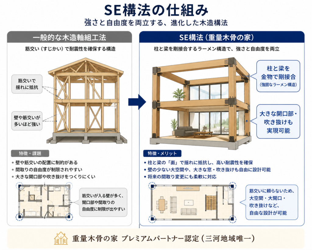 SE構法と一般的な木造軸組工法の比較