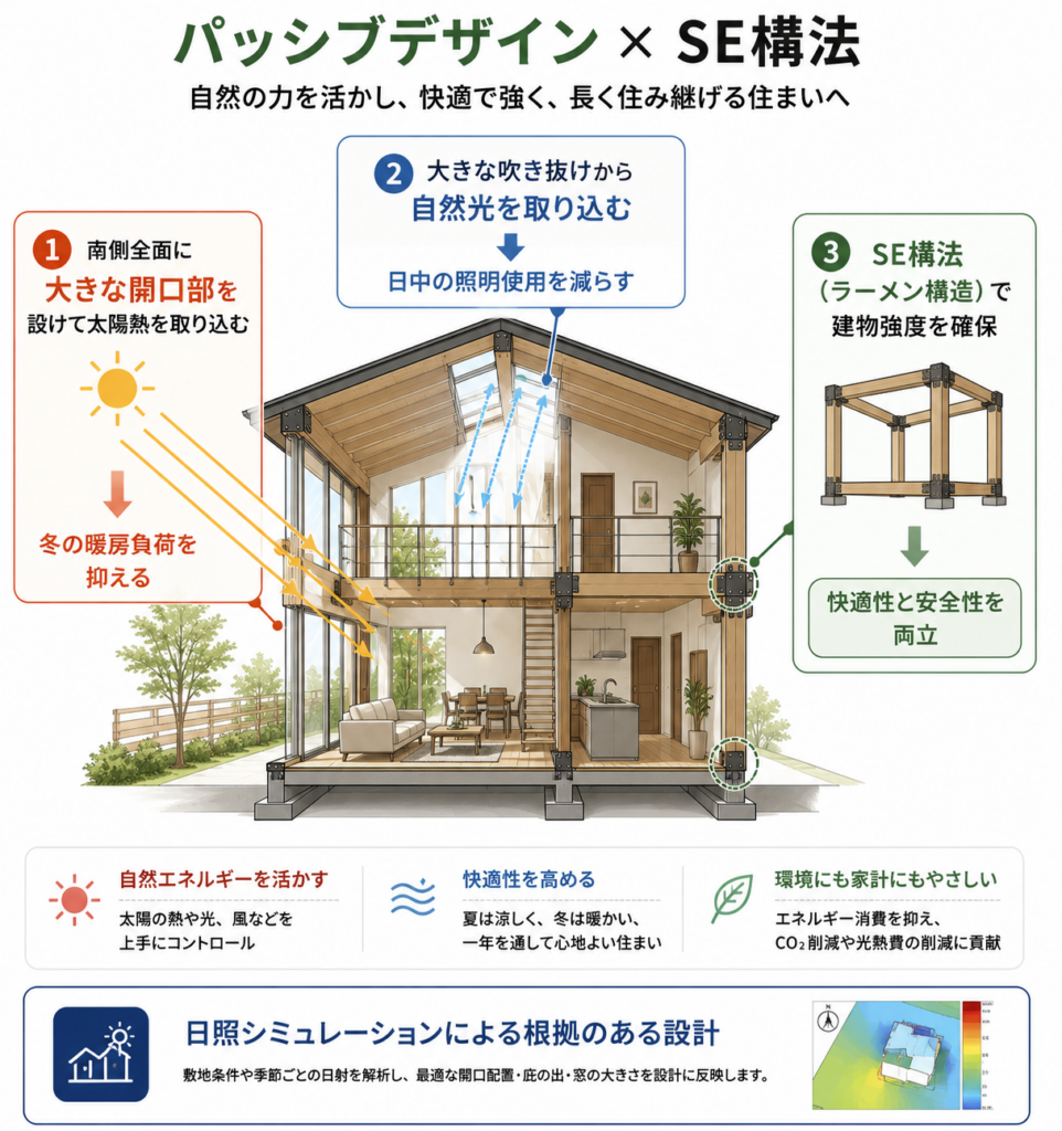 パッシブデザインとSE構法を組み合わせた住宅設計イメージ