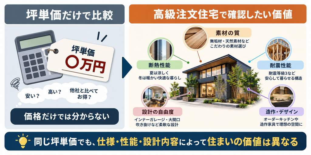 高級注文住宅は坪単価だけでなく素材・断熱・耐震・設計自由度・デザインを含めて比較することを示した図解 
