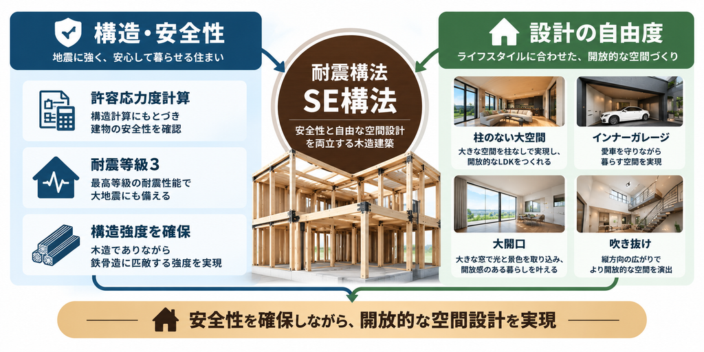 耐震構法SE構法によって構造上の安全性と大空間・大開口など自由な空間設計を両立する考え方を示した図解
