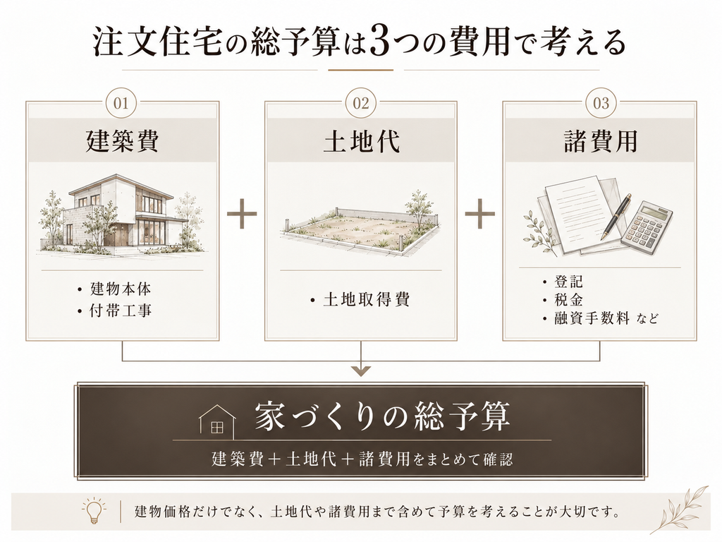 注文住宅の総予算を建築費・土地代・諸費用に分けて示した図解