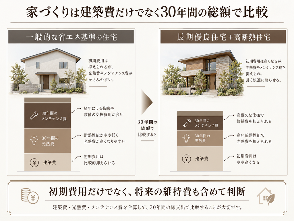 一般的な省エネ住宅と高断熱住宅の30年間の総費用を比較する考え方 