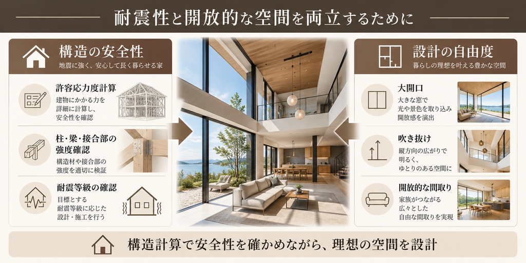 構造計算による耐震性と大開口・吹き抜けなどの設計自由度の関係を示した図解。